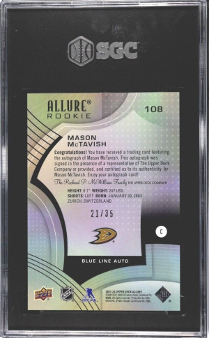 Mason McTavish /35 2021-22 Allure Blue Line Auto RC - SGC 9 Anaheim Ducks Pop 1 back